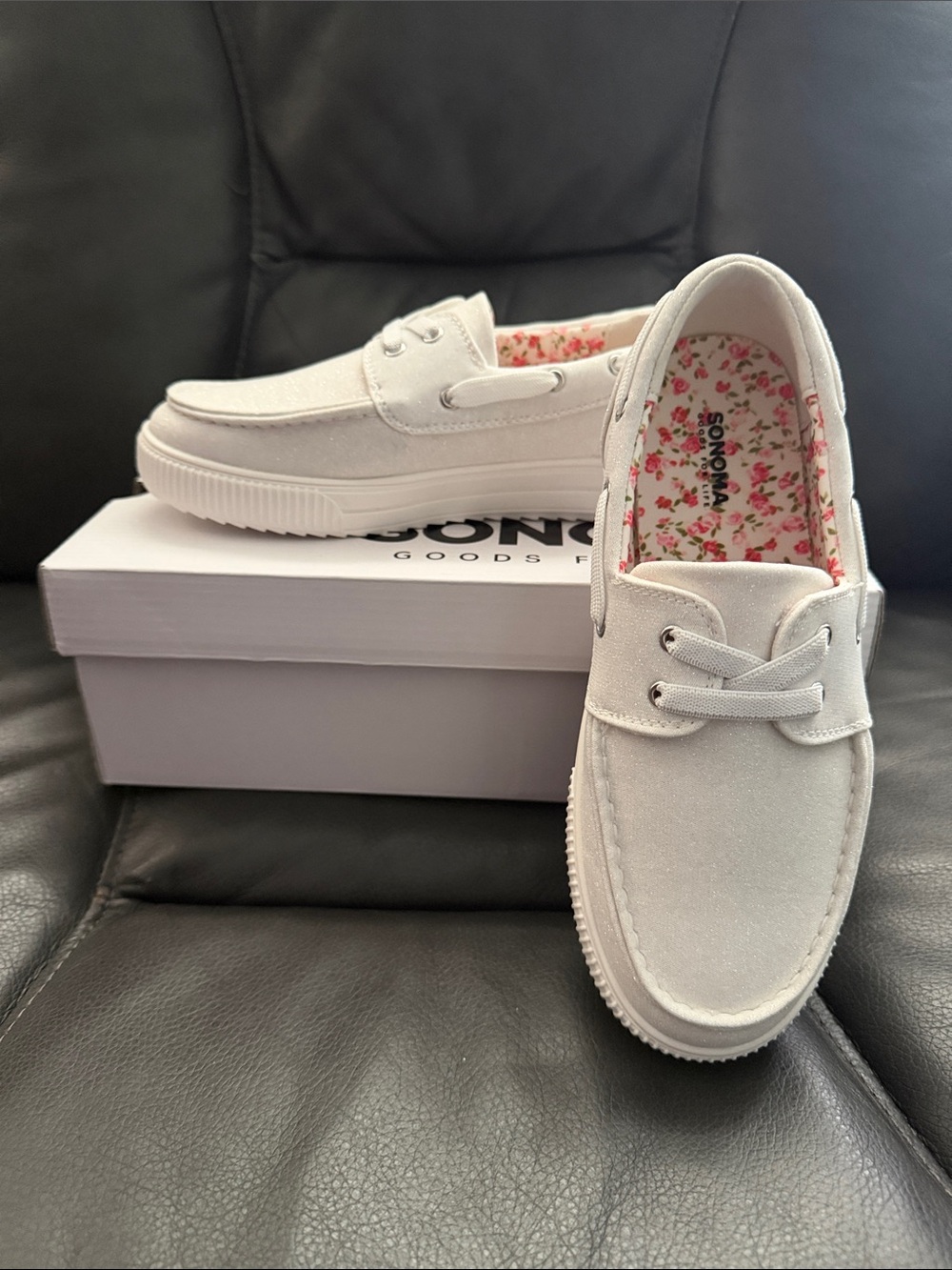 Sonoma White Canvas Kids Boat Shoes with Floral Insole